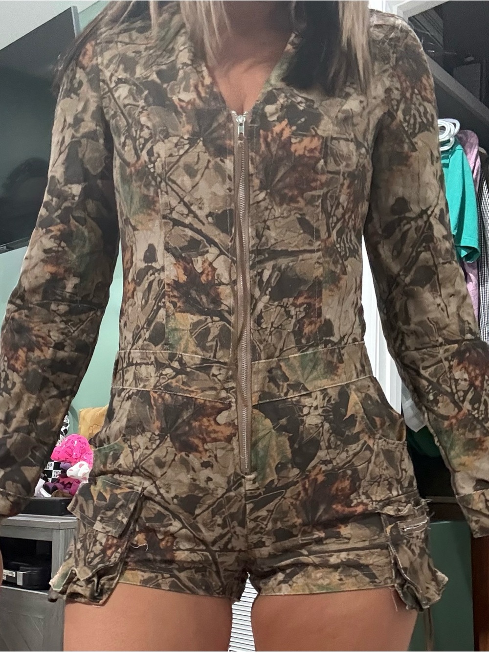 Fashion Nova Camouflage Zip-Front Utility romper - Brown/Green/Black - Picture 3 of 6